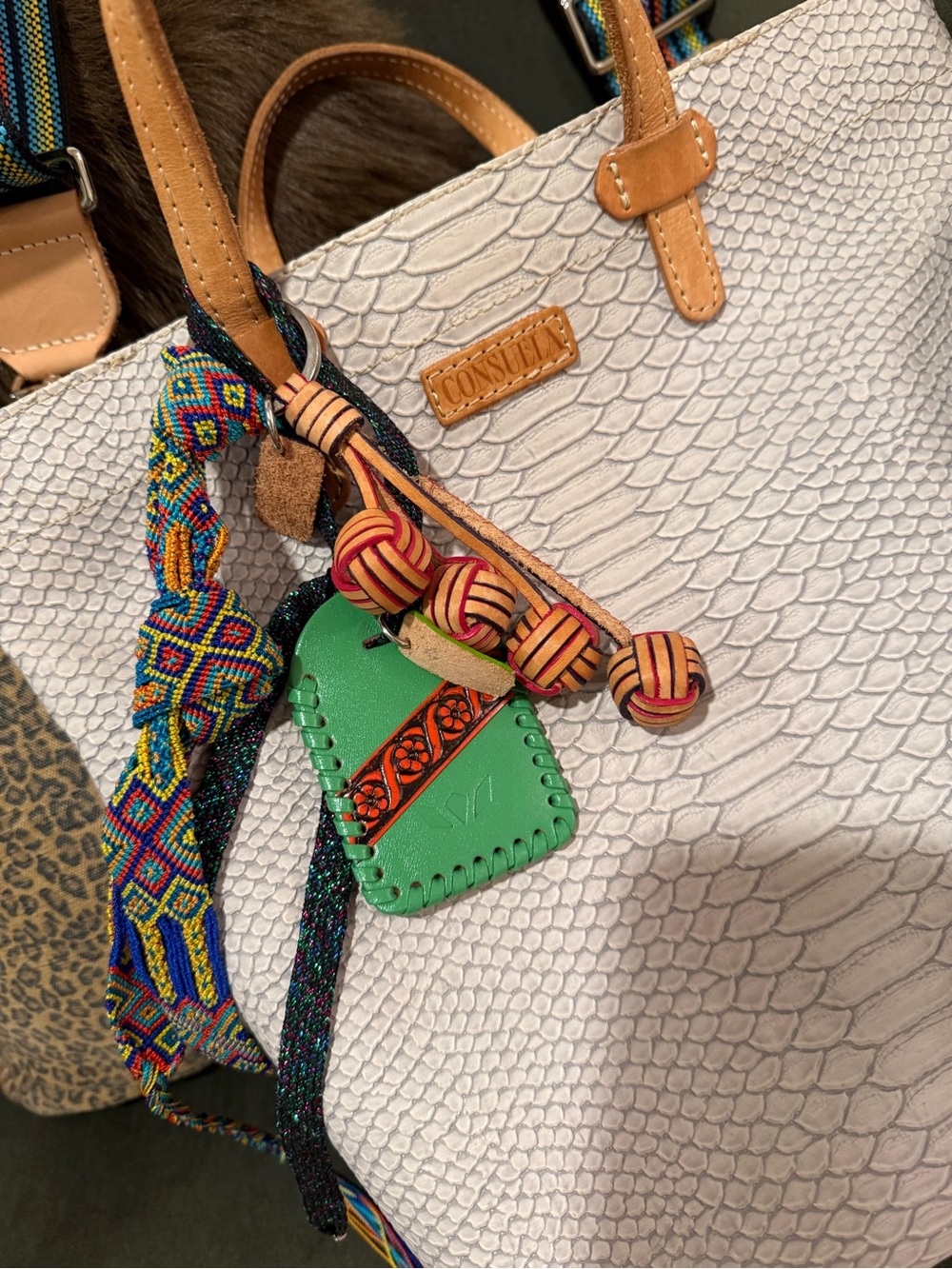 Consuela White Textured Tote with Tan Handles and Multicolor Strap - Picture 3 of 14
